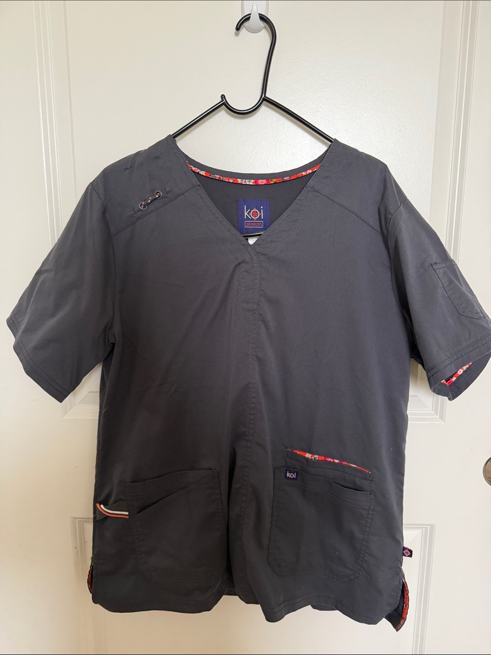 koi Charcoal Gray V-Neck Scrub Top with Red Floral Trim